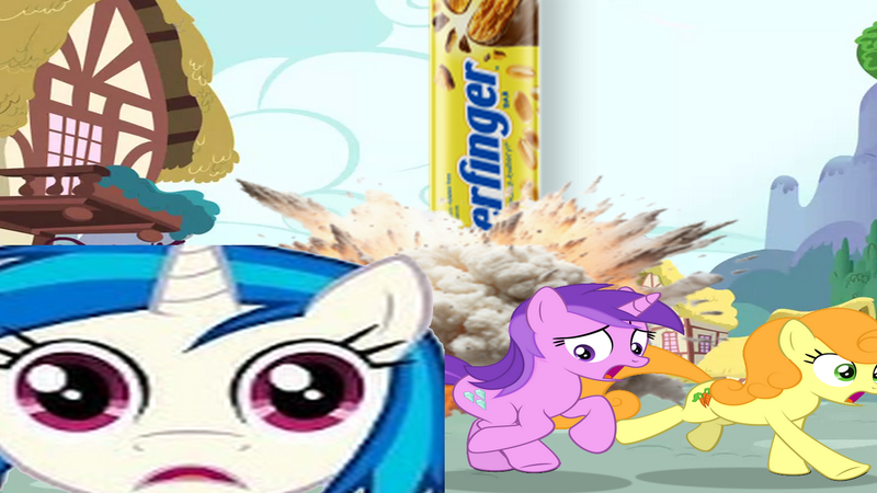 Size: 1280x720 | Tagged: safe, artist:epicheavytf2, artist:pyrogaming, derpibooru import, amethyst star, carrot top, golden harvest, vinyl scratch, earth pony, pony, unicorn, g4, absolutenutcase162, background pony, butterfinger, conversation, explosion, female, horn, image, looking at you, looking back, mare, meme, open mouth, png, ponified meme, ponyville, running, running away, shitposting, smiling, wrong aspect ratio