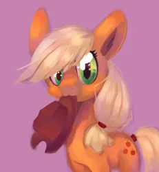 Size: 1479x1600 | Tagged: safe, artist:myosotis-secunda, artist:myosotissecunda, derpibooru import, pony, g4, 2022, :3, applejack's hat, big ears, big eyes, blonde mane, blonde tail, colored pinnae, cowboy hat, digital painting, eyelashes, female, green eyes, hat, holding hat, image, jpeg, looking at you, mare, mouth hold, orange coat, ponytail, purple background, shiny eyes, simple background, smiling, smiling at you, solo, stetson, tail, tall ears, tied mane, tied tail, wingding eyes