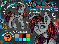 Size: 2700x2000 | Tagged: safe, artist:gigisarts, derpibooru import, oc, oc:darkshy, unofficial characters only, pegasus, pony, blue eyes, choker, commission, ear piercing, image, jpeg, piercing, pride flag, red and black mane, red and black oc, reference sheet, tulpa