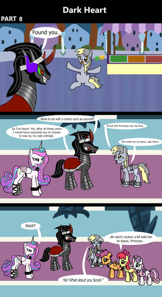 Size: 1920x3516 | Tagged: safe, artist:platinumdrop, derpibooru import, apple bloom, derpy hooves, king sombra, princess flurry heart, scootaloo, sweetie belle, alicorn, earth pony, pegasus, pony, unicorn, comic:dark heart, g4, 3 panel comic, abuse, alternate timeline, applebuse, armor, avoiding eye contact, bound wings, bracelet, bread, carrot, carrot dog, chains, collar, comic, commission, crumbs, crying, crystal, crystal castle, crystal empire, cuffed, cuffs, curved horn, cutie mark crusaders, dark crystal, dark magic, derpybuse, dialogue, drop, evil flurry heart, female, flurry heart is amused, folded wings, food, frantic, horn, husband and wife, image, indoors, lie, looking at each other, looking at someone, looking away, looking down, magic, male, mare, messy eating, mustard, nervous, older, older apple bloom, older cmc, older derpy hooves, older flurry heart, older scootaloo, older sweetie belle, png, sad, sauce, scootabuse, shackles, ship:flurrybra, shipping, sitting, slave, slave collar, smiling, smug, smug smile, speech bubble, spiked collar, spiked wristband, stallion, straight, sweetiebuse, teary eyes, this will not end well, throne room, uncomfortable, victorious villain, wall of tags, wing cuffs, wings, wristband