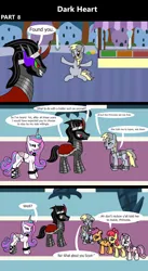 Size: 1920x3516 | Tagged: safe, artist:platinumdrop, derpibooru import, apple bloom, derpy hooves, king sombra, princess flurry heart, scootaloo, sweetie belle, alicorn, earth pony, pegasus, pony, unicorn, comic:dark heart, g4, 3 panel comic, abuse, alternate timeline, applebuse, armor, avoiding eye contact, bound wings, bracelet, bread, carrot, carrot dog, chains, collar, comic, commission, crumbs, crying, crystal, crystal castle, crystal empire, cuffed, cuffs, curved horn, cutie mark crusaders, dark crystal, dark magic, derpybuse, dialogue, drop, evil flurry heart, female, flurry heart is amused, folded wings, food, frantic, horn, husband and wife, image, indoors, lie, looking at each other, looking at someone, looking away, looking down, magic, male, mare, messy eating, mustard, nervous, older, older apple bloom, older cmc, older derpy hooves, older flurry heart, older scootaloo, older sweetie belle, png, sad, sauce, scootabuse, shackles, ship:flurrybra, shipping, sitting, slave, slave collar, smiling, smug, smug smile, speech bubble, spiked collar, spiked wristband, stallion, straight, sweetiebuse, teary eyes, this will not end well, throne room, uncomfortable, victorious villain, wall of tags, wing cuffs, wings, wristband