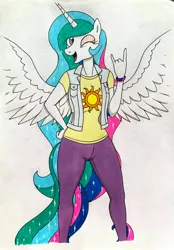 Size: 2440x3500 | Tagged: safe, artist:killerteddybear94, derpibooru import, princess celestia, alicorn, anthro, celestia day, clothes, cute, cutelestia, denim, denim jacket, devil horn (gesture), image, jacket, jpeg, looking at you, one eye closed, pants, shirt, smiling, spread wings, t-shirt, traditional art, wings, wink