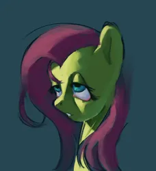 Size: 1403x1540 | Tagged: safe, artist:myosotis-secunda, artist:myosotissecunda, derpibooru import, fluttershy, pegasus, pony, g4, 2023, bust, eyelashes, female, frown, image, jpeg, lidded eyes, long mane, looking up, mare, no catchlights, pink mane, portrait, simple background, solo, teal background, teal eyes, tired eyes, yellow coat