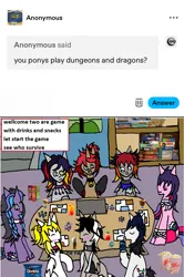 Size: 1179x1778 | Tagged: safe, artist:ask-luciavampire, derpibooru import, oc, bat pony, earth pony, pegasus, pony, undead, unicorn, vampire, vampony, ask, dice, drink, dungeons and dragons, horn, image, pen and paper rpg, png, rpg, snacks, tumblr