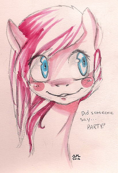 Size: 500x731 | Tagged: safe, artist:broccolidad, derpibooru import, pinkie pie, earth pony, pony, bust, colored pencil drawing, image, pinkamena diane pie, png, smiling, solo, traditional art