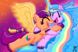 Size: 1800x1200 | Tagged: safe, artist:jesslmc16, derpibooru import, izzy moonbow, sunny starscout, alicorn, earth pony, pony, unicorn, g5, alicornified, duo, duo female, eyes closed, female, floating, glow, glowing horn, glowing wings, horn, hug, image, lesbian, looking at each other, looking at someone, mane stripe sunny, mare, multicolored hair, multicolored mane, multicolored tail, open mouth, png, race swap, ship:moonscout, shipping, signature, smiling, smiling at each other, tail, wings