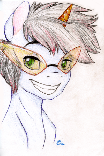 Size: 1634x2436 | Tagged: safe, artist:broccolidad, derpibooru import, oc, oc:darkly spectre, unofficial characters only, pony, unicorn, bust, colored pencil drawing, glasses, grin, horn, image, png, smiling, solo, traditional art