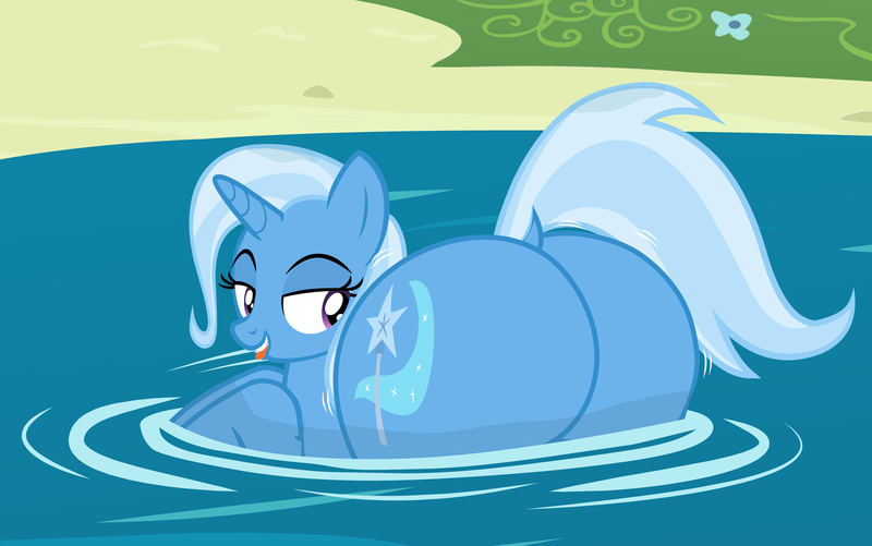 Size: 4600x2878 | Tagged: suggestive, artist:duskyzombie, derpibooru import, trixie, pony, unicorn, bedroom eyes, butt, female, horn, image, large butt, lidded eyes, looking back, mare, png, presenting, swimming, the ass was fat, the great and powerful ass, tongue out, water, wet