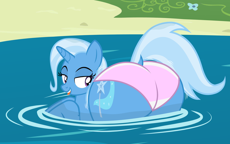 Size: 4600x2878 | Tagged: suggestive, alternate version, artist:duskyzombie, derpibooru import, trixie, pony, unicorn, bedroom eyes, butt, clothes, female, horn, image, large butt, lidded eyes, looking back, mare, png, presenting, swimming, the ass was fat, the great and powerful ass, tongue out, underwear, water, wet