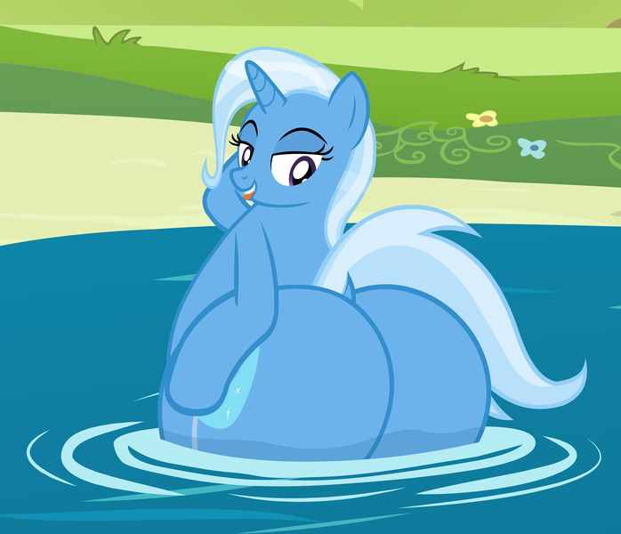 Size: 4500x3870 | Tagged: suggestive, artist:duskyzombie, derpibooru import, trixie, pony, unicorn, bedroom eyes, butt, butt touch, disproportional anatomy, female, horn, huge butt, image, impossibly large butt, large butt, lidded eyes, looking back, mare, png, swimming, the ass was fat, the great and powerful ass, tongue out, water, wet