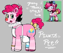 Size: 716x600 | Tagged: safe, artist:dsstoner, derpibooru import, pinkie pie, earth pony, pony, pony town, apron, bow, bracelet, clothes, clown makeup, confetti, cutie mark, image, jewelry, leg warmers, piercing, png, redesign, sideburns, stubble, tail, tail bow, tongue out