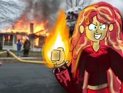 Size: 2048x1536 | Tagged: safe, artist:horsesplease, derpibooru import, sunset shimmer, equestria girls, g4, arson, disaster girl, evil grin, fiery shimmer, grin, image, png, pyrokinesis, pyromaniac, pyromaniac shimmer, smiling