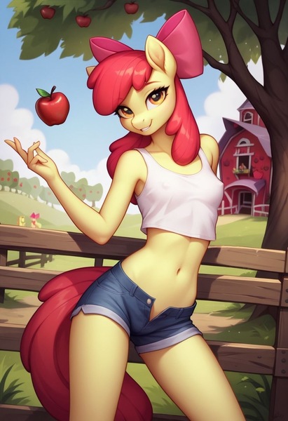 Size: 832x1216 | Tagged: suggestive, machine learning generated, prompter:rkmisc, apple bloom, anthro, plantigrade anthro, apple, bow, bra, clothes, crop top bra, detailed background, erect nipples, farm, food, generator:pony diffusion v6 xl, image, jpeg, midriff, nipple outline, seductive, shorts, tail, underwear, unzipped