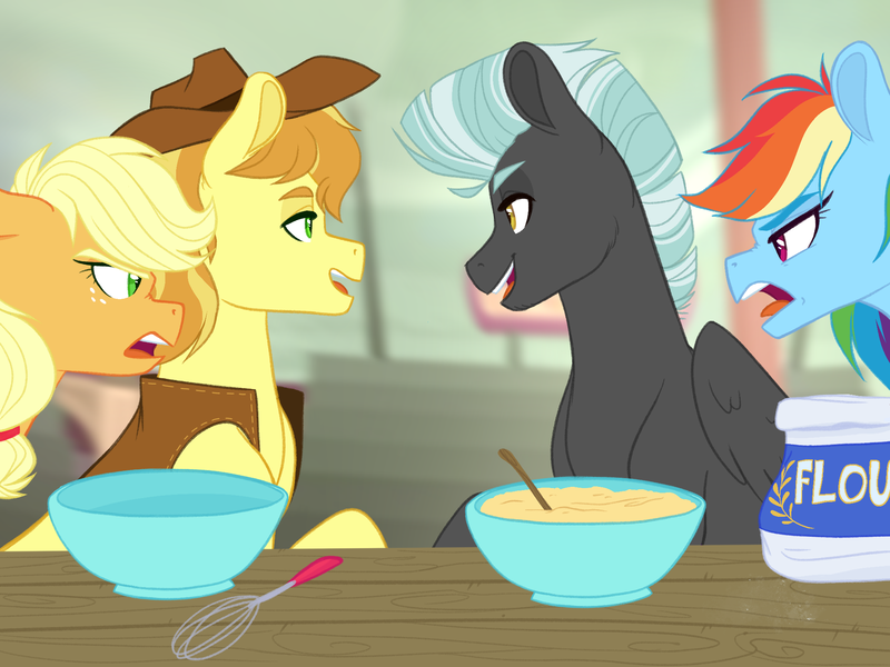 Size: 2048x1536 | Tagged: safe, artist:whalepornoz, derpibooru import, applejack, braeburn, rainbow dash, thunderlane, earth pony, pegasus, pony, angry, baking, bowl, clothes, female, flour, group, hat, image, male, mare, png, quartet, stallion, whisk