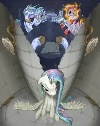 Size: 2514x3154 | Tagged: safe, artist:ciborgen, derpibooru import, daybreaker, princess celestia, alicorn, pony, g4, female, floppy ears, high res, image, mare, png, shower, wet, wet mane, wings, wings down