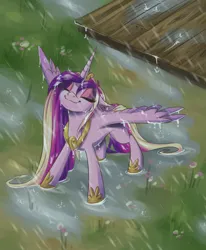 Size: 1546x1876 | Tagged: safe, artist:faline-art, artist:lummh, derpibooru import, princess cadance, alicorn, pony, comic:the princess of love, g4, collaboration, female, high angle, image, looking up, mare, png, rain, smiling, solo, spread wings, wet, wet mane, wings