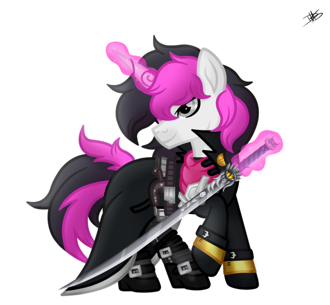 Size: 4090x3775 | Tagged: safe, artist:princessmoonsilver, derpibooru import, oc, oc:silver diamond, unofficial characters only, pony, unicorn, clothes, horn, image, png, solo, sword, weapon