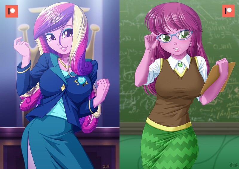 Size: 1414x1000 | Tagged: safe, artist:uotapo, derpibooru import, edit, cheerilee, princess cadance, human, equestria girls, g4, adorasexy, blushing, breasts, busty cheerilee, busty princess cadance, chalkboard, cheeribetes, classroom, clipboard, clothes, curvy, cute, cutedance, dean cadance, eyelashes, eyeshadow, female, freckles, glasses, hot for teacher, image, jpeg, lips, long hair, looking at you, makeup, meganekko, moe, my little pony equestria girls: friendship games, patreon, patreon logo, school, sexy, side slit, skirt, smiling, solo, stupid sexy cheerilee, sweater vest, teacher, tube skirt