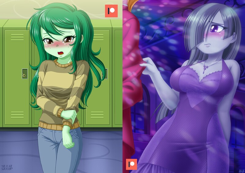 Size: 1414x1000 | Tagged: safe, artist:uotapo, derpibooru import, edit, big macintosh, marble pie, wallflower blush, human, equestria girls, g4, adorasexy, beautiful, beautisexy, big breasts, blushing, breasts, busty marble pie, canterlot high, cleavage, clothes, cute, daaaaaaaaaaaw, denim, dress, ear blush, embarrassed, equestria girls specials, equestria girls-ified, eyelashes, fall formal, female, flowerbetes, flustered, freckles, grey hair, hair over one eye, hallway, hnnng, image, implied marblemac, implied shipping, implied straight, jeans, jewelry, jpeg, lidded eyes, lips, lockers, looking down, marblebetes, my little pony equestria girls: better together, my little pony equestria girls: forgotten friendship, name pun, necklace, open mouth, pants, patreon, patreon logo, pun, sexy, shy, solo, standing, stupid sexy marble pie, sweat, sweatdrop, sweater, uotapo is trying to murder us, visual pun