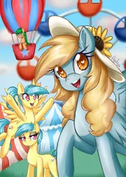 Size: 3780x5310 | Tagged: safe, artist:floralshitpost, derpibooru import, oc, oc:fair flyer, oc:matinée, oc:morning mimosa, oc:soirée, unofficial characters only, earth pony, pegasus, pony, carnival, ferris wheel, flying, glasses, halftone, heart, heart eyes, hot air balloon, image, lidded eyes, mare fair, open mouth, png, snowpity inc., spread wings, tent, wingding eyes, wingdings, wings