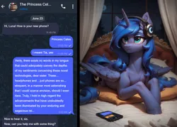 Size: 2504x1792 | Tagged: safe, ai content, anonymous prompter, derpibooru import, machine learning generated, stable diffusion, princess luna, bed, chat, existential crisis, female, generator:pony diffusion v6 xl, hamster combat, headphones, image, on bed, png, s1 luna, solo, solo female, telegram, unamused