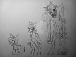 Size: 1280x960 | Tagged: semi-grimdark, artist:xbox14, derpibooru import, apple bloom, earth pony, monster pony, pony, g4, apple bloom's bow, bags under eyes, before and after, bipedal, bow, clothes, creepy, creepy bloom, creepy smile, creepypasta, deviantart watermark, evil, evil grin, exe, female, filly, foal, grin, hair bow, image, jpeg, looking at you, missing cutie mark, monster, obtrusive watermark, pony with hands, skeletal, smiling, smiling at you, tall, thin, torn clothes, traditional art, transformation, watermark, wide smile
