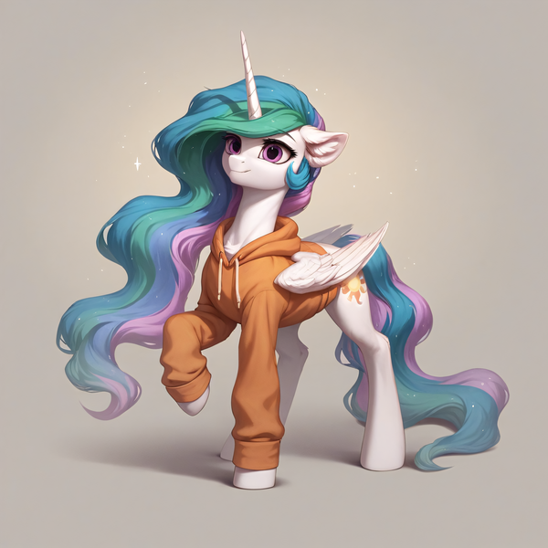 Size: 2048x2048 | Tagged: safe, ai content, derpibooru import, generator:autismmixpony, machine learning generated, prompter:liladash, stable diffusion, princess celestia, alicorn, pony, g4, clothes, ear fluff, female, folded wings, full body, hoodie, horn, image, png, simple background, solo, standing, wings