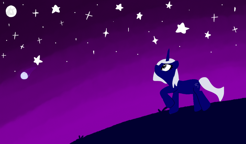 Size: 1024x600 | Tagged: safe, derpibooru import, oc, oc:star gazer, unofficial characters only, pony, unicorn, art fight, comet, full moon, gray eyes, horn, image, lineless, looking at the sky, looking up, mare in the moon, moon, png, purple background, purple sky, raised hoof, simple background, solo, stars