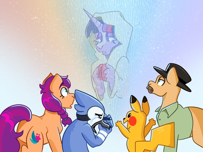 Size: 2732x2048 | Tagged: safe, artist:anxietymonstrr, derpibooru import, heisenbuck, sunny starscout, twilight sparkle, ponified, earth pony, pikachu, pony, g5, grannies gone wild, breaking bad, butt, clothes, crossover, crossover shipping, crying, female, heisenberg, hologram, image, jpeg, male, mare, mordecai, mordetwi, plot, pokémon, regular show, scene interpretation, shipping, shirt, star wars, straight, walter white