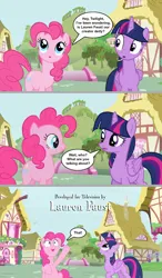 Size: 1140x1947 | Tagged: safe, artist:silverbuller, derpibooru import, pinkie pie, twilight sparkle, twilight sparkle (alicorn), alicorn, earth pony, pony, breaking the fourth wall, comic, credits, duo, duo female, female, image, implied lauren faust, jpeg, mare, pointing, ponyville