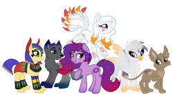 Size: 6046x3445 | Tagged: oc name needed, safe, artist:sjart117, derpibooru import, oc, oc:nova stream, unofficial characters only, bird, chupacabra, original species, pony, thunderbird, werewolf, anubis, blue eyes, celestial pony, cheek fluff, chest fluff, colored pinnae, colored wings, cute, cute little fangs, ear fluff, egyptian, egyptian headdress, egyptian makeup, ethereal mane, ethereal tail, eye of horus, eyeshadow, fangs, female, folded wings, four wings, gradient legs, gradient mane, gradient tail, gradient wings, green eyes, group, hoof on chest, image, kitsune, kitsune pony, leaping, leonine tail, makeup, male, mare, multiple wings, not a griffon, orange eyes, pale belly, paws, permission given, png, raised paw, red eyes, sextet, slit pupils, sparkly mane, sparkly tail, spread wings, standing, tail, turned head, two toned eyes, wings