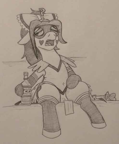 Size: 2358x2858 | Tagged: safe, artist:jargon scott, derpibooru import, oc, oc:anon-mare, unofficial characters only, earth pony, pony, boots, bottle, bow, clothes, domino mask, female, floppy ears, grayscale, hair bow, image, jpeg, lidded eyes, magical girl, mare, mask, monochrome, open mouth, pencil drawing, shoes, sitting, solo, tired, traditional art