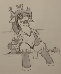 Size: 2358x2858 | Tagged: safe, artist:jargon scott, derpibooru import, oc, oc:anon-mare, unofficial characters only, earth pony, pony, boots, bottle, bow, clothes, domino mask, female, floppy ears, grayscale, hair bow, image, jpeg, lidded eyes, magical girl, mare, mask, monochrome, open mouth, pencil drawing, shoes, sitting, solo, tired, traditional art