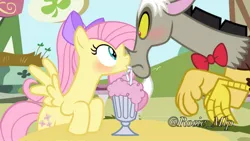 Size: 1280x720 | Tagged: safe, artist:rosie_mlp, derpibooru import, discord, fluttershy, draconequus, pegasus, blushing, bowtie, date, discoshy, drink, duo, duo male and female, female, first date, hands on table, image, jpeg, kiss on the lips, kissing, male, milkshake, shipping, straight, straw