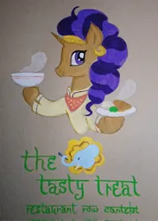 Size: 1463x2048 | Tagged: safe, artist:daisymane, derpibooru import, saffron masala, pony, unicorn, bowl, bust, female, food, hoof hold, horn, image, jpeg, looking at you, mare, plate, smiling, smiling at you, solo, test