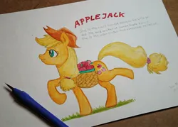 Size: 2048x1463 | Tagged: safe, artist:daisymane, derpibooru import, applejack, earth pony, pony, apple, basket, colored pencil drawing, female, food, grass, image, jpeg, mare, name, smiling, solo, standing, standing on one leg, text, traditional art