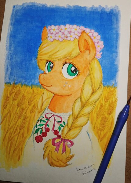 Size: 1463x2048 | Tagged: safe, artist:daisymane, derpibooru import, applejack, earth pony, pony, bust, clothes, dress, female, floral head wreath, flower, food, image, jpeg, looking at you, mare, photo, smiling, smiling at you, solo, traditional art, watercolor painting, wheat