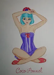 Size: 1569x2195 | Tagged: safe, artist:daisymane, derpibooru import, coco pommel, human, g4, arm behind head, armpits, crossed legs, female, humanized, image, jpeg, lotus position, name, photo, sitting, solo, traditional art, watercolor painting