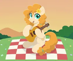 Size: 2773x2310 | Tagged: safe, artist:mercurysparkle, derpibooru import, pear butter, earth pony, pony, g4, the perfect pear, beautiful, cute, female, flower, flower in hair, grass, grass field, guitar, image, looking at you, mare, mountain, musical instrument, outdoors, picnic, picnic blanket, png, sitting, smiling, solo