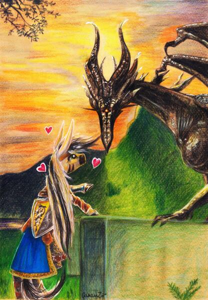 Size: 4383x6319 | Tagged: safe, artist:cahandariella, derpibooru import, oc, dragon, zebra, armor, atg 2024, crossover, dark souls, heart, image, jpeg, looking at each other, looking at someone, love, mountain, mountain range, newbie artist training grounds, shield, sunset, traditional art, zebra oc