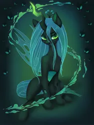 Size: 2400x3200 | Tagged: safe, artist:dlexsie, derpibooru import, queen chrysalis, changeling, pony, g4, antagonist, changeling hive, crown, cute, digital art, eyelashes, eyeshadow, fangs, female, glow, glowing horn, gradient background, green eyes, green mane, green tail, green wings, high res, horn, image, jewelry, jpeg, lidded eyes, looking at you, magic, makeup, mare, regalia, sitting, smiling, smiling at you, solo, spread wings, tail, wings