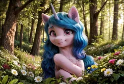 Size: 1216x832 | Tagged: safe, ai content, derpibooru import, generator:pony realism 2.1, machine learning generated, prompter:kluknawa235, stable diffusion, izzy moonbow, unicorn, g5, chest fluff, ear fluff, flower, forest, horn, image, jpeg, looking at you, nature, realistic, smiling, tree