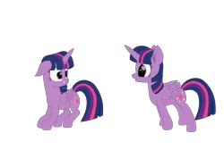 Size: 2300x1550 | Tagged: safe, artist:k. dale, derpibooru import, twilight sparkle, twilight sparkle (alicorn), alicorn, pony, g4, cute, duo, floppy ears, image, looking at each other, looking at someone, movie accurate, png, scared, self paradox, self ponidox, shocked, simple background, surprised, transparent background, twiabetes, twolight