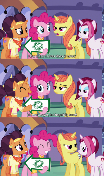 Size: 854x1441 | Tagged: safe, derpibooru import, edit, edited screencap, editor:jaredking779, screencap, cayenne, citrus blush, pinkie pie, saffron masala, earth pony, pony, unicorn, g4, season 6, spice up your life, annoyed, clothes, exploitable meme, female, horn, image, jpeg, mare, meme, pinkie pie's sign, unamused