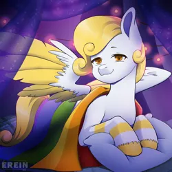 Size: 2000x2000 | Tagged: safe, alternate version, artist:erein, derpibooru import, oc, oc:gold zephyr, unofficial characters only, pegasus, pony, alternate character, bedroom, commission, ears up, flag, garland, gay pride flag, high res, image, indoors, jpeg, lgbt, looking at you, night, pegasus oc, pillow, pride, pride flag, pride month, room, smiling, smiling at you, solo, string lights, tail, unshorn fetlocks, white fur, wings, ych result, yellow hair, yellow mane, yellow tail