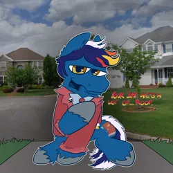 Size: 2048x2048 | Tagged: safe, artist:felixmcfurry, derpibooru import, oc, oc:closing comet, unofficial characters only, earth pony, pony, clothes, colored, dialogue, door to door salesman, flat colors, fur, hooves, image, implied offscreen character, jacket, male, pin, png, solo, solo male, text, unshorn fetlocks, watermark