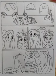 Size: 1080x1451 | Tagged: safe, artist:doodletheexpoodle, derpibooru import, fluttershy, twilight sparkle, twilight sparkle (alicorn), alicorn, pegasus, pony, bipedal, broom, comic, dialogue, duo focus, female, grayscale, image, jpeg, mare, monochrome, pencil drawing, solo, speech bubble, sweat, sweeping, traditional art