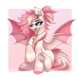 Size: 2000x2000 | Tagged: safe, artist:skyboundsiren, derpibooru import, oc, oc:strawberry bites, bat pony, accessory, bell, collar, commission, cute, ear piercing, earring, female, food, image, jewelry, piercing, png, smiling, solo, solo female, sprinkles