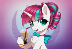 Size: 2104x1440 | Tagged: safe, ai content, derpibooru import, machine learning generated, oc, unofficial characters only, pony, unicorn, abstract background, bowtie, bracelet, bubble tea, chest fluff, cute, drink, eye clipping through hair, female, hoof hold, horn, image, jewelry, jpeg, looking at you, not zipp storm, open mouth, unshorn fetlocks