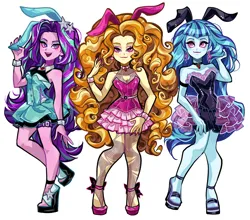 Size: 2048x1800 | Tagged: safe, artist:libbly_libby, derpibooru import, adagio dazzle, aria blaze, sonata dusk, human, equestria girls, g4, bunny ears, clothes, commission, female, high heels, image, long hair, open mouth, open smile, png, shoes, simple background, skirt, smiling, the dazzlings, trio, trio female, white background